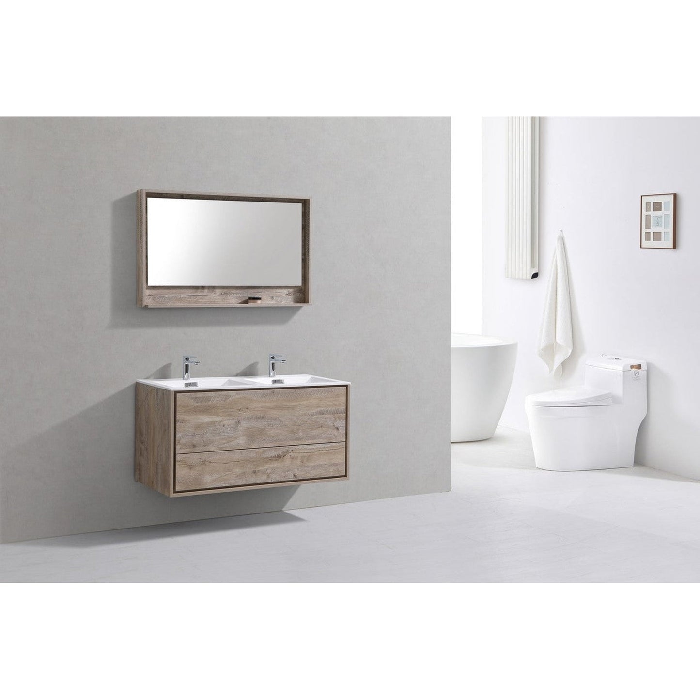 KubeBath DeLusso 48" Nature Wood Wall-Mounted Modern Bathroom Vanity With Double Integrated Acrylic Sink With Overflow And 48" Wood Framed Mirror With Shelf