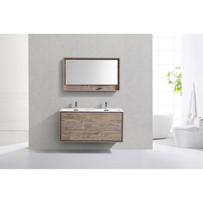 KubeBath DeLusso 48" Nature Wood Wall-Mounted Modern Bathroom Vanity With Double Integrated Acrylic Sink With Overflow And 48" Wood Framed Mirror With Shelf