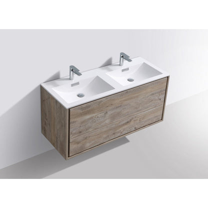 KubeBath DeLusso 48" Nature Wood Wall-Mounted Modern Bathroom Vanity With Double Integrated Acrylic Sink With Overflow And 48" Wood Framed Mirror With Shelf