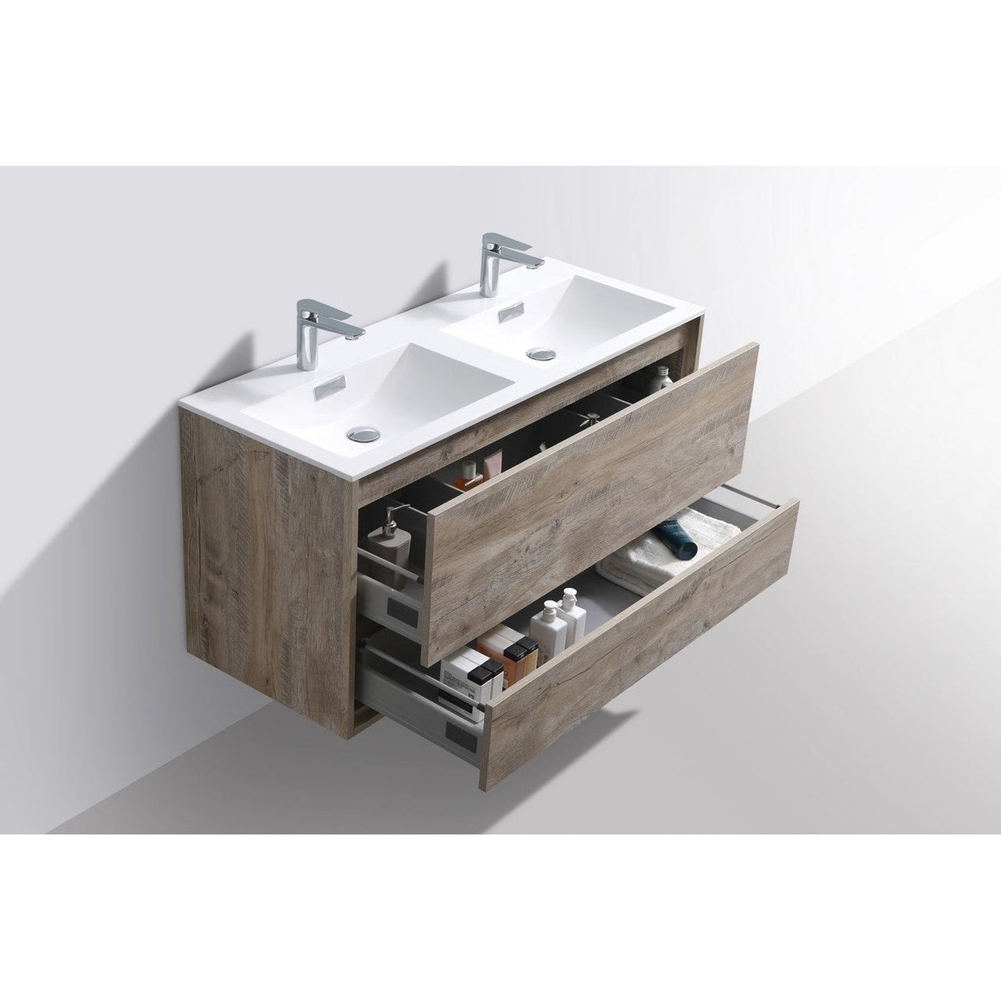 KubeBath DeLusso 48" Nature Wood Wall-Mounted Modern Bathroom Vanity With Double Integrated Acrylic Sink With Overflow And 48" Wood Framed Mirror With Shelf