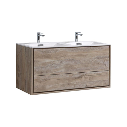 KubeBath DeLusso 48" Nature Wood Wall-Mounted Modern Bathroom Vanity With Double Integrated Acrylic Sink With Overflow And 48" Wood Framed Mirror With Shelf