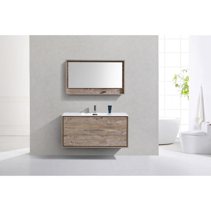 KubeBath DeLusso 48" Nature Wood Wall-Mounted Modern Bathroom Vanity With Single Integrated Acrylic Sink With Overflow and 48" Wood Framed Mirror With Shelf