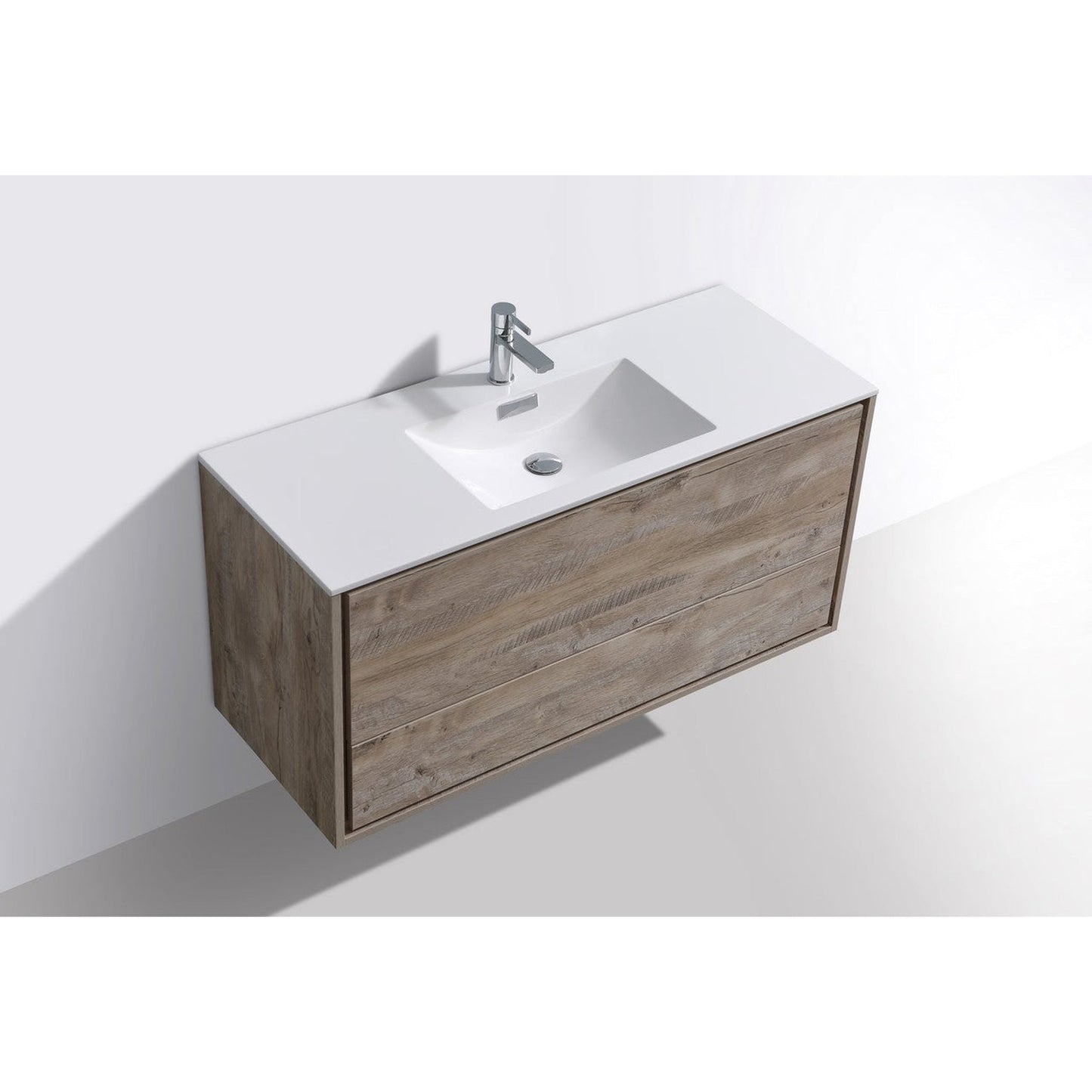 KubeBath DeLusso 48" Nature Wood Wall-Mounted Modern Bathroom Vanity With Single Integrated Acrylic Sink With Overflow and 48" Wood Framed Mirror With Shelf