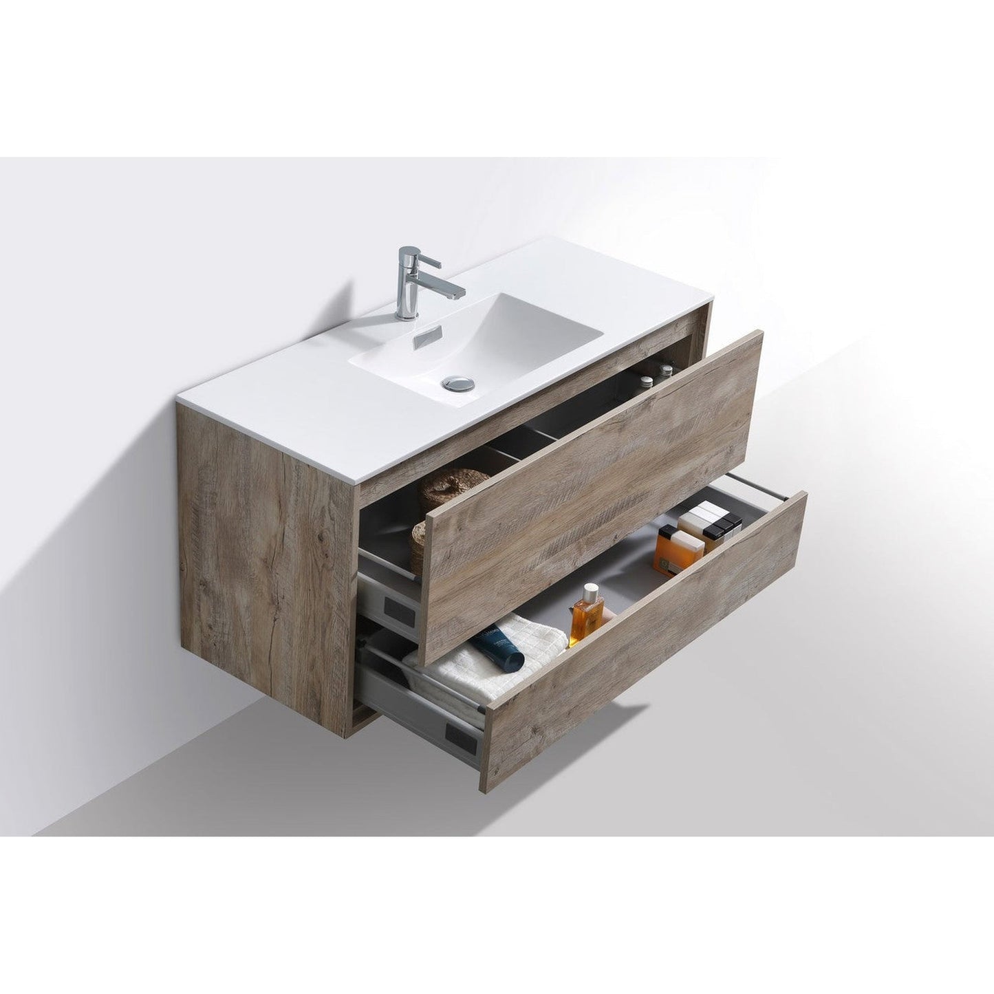 KubeBath DeLusso 48" Nature Wood Wall-Mounted Modern Bathroom Vanity With Single Integrated Acrylic Sink With Overflow and 48" Wood Framed Mirror With Shelf