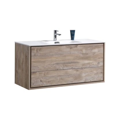 KubeBath DeLusso 48" Nature Wood Wall-Mounted Modern Bathroom Vanity With Single Integrated Acrylic Sink With Overflow and 48" Wood Framed Mirror With Shelf