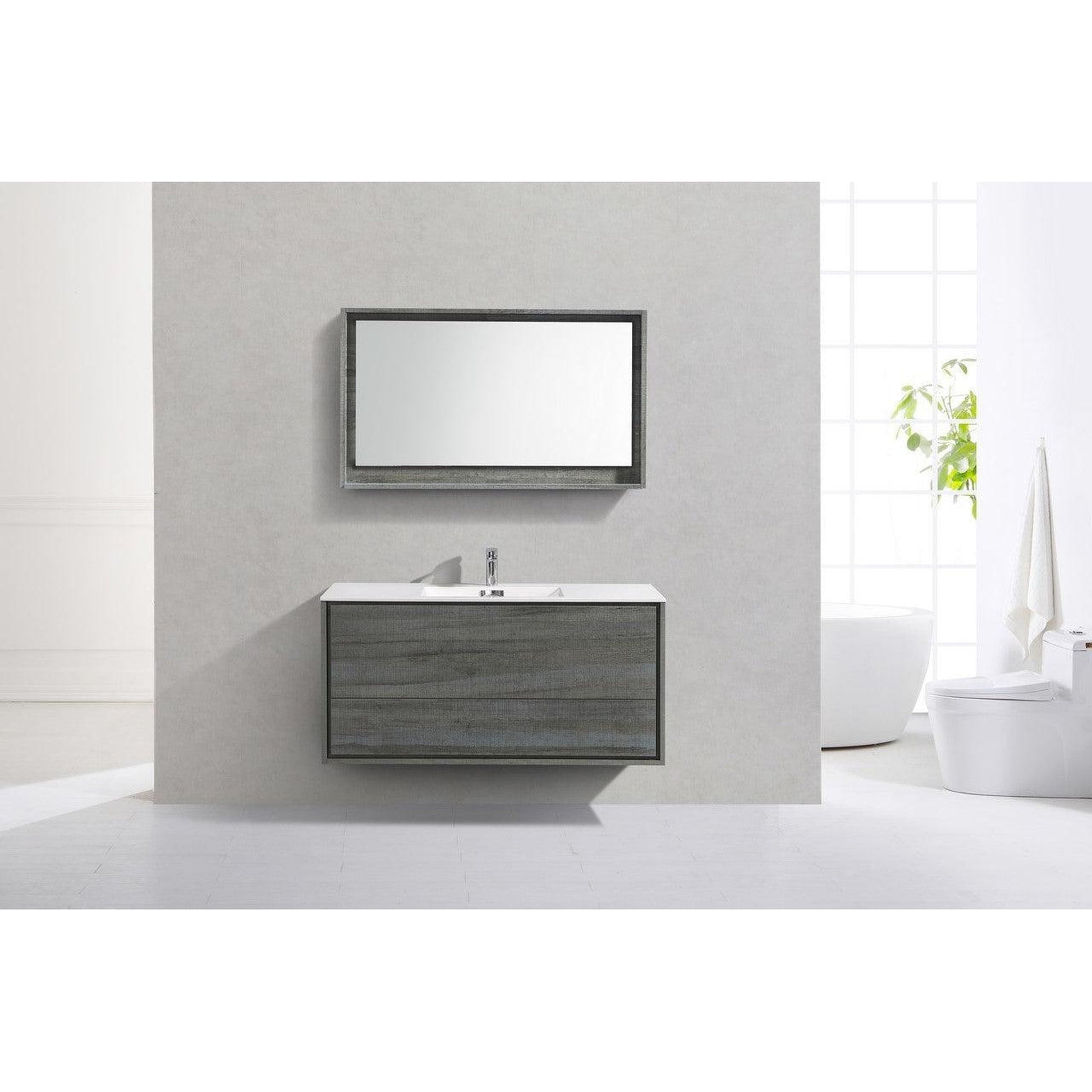 KubeBath DeLusso 48" Ocean Gray Wall-Mounted Modern Bathroom Vanity With Single Integrated Acrylic Sink With Overflow and 48" White Framed Mirror With Shelf