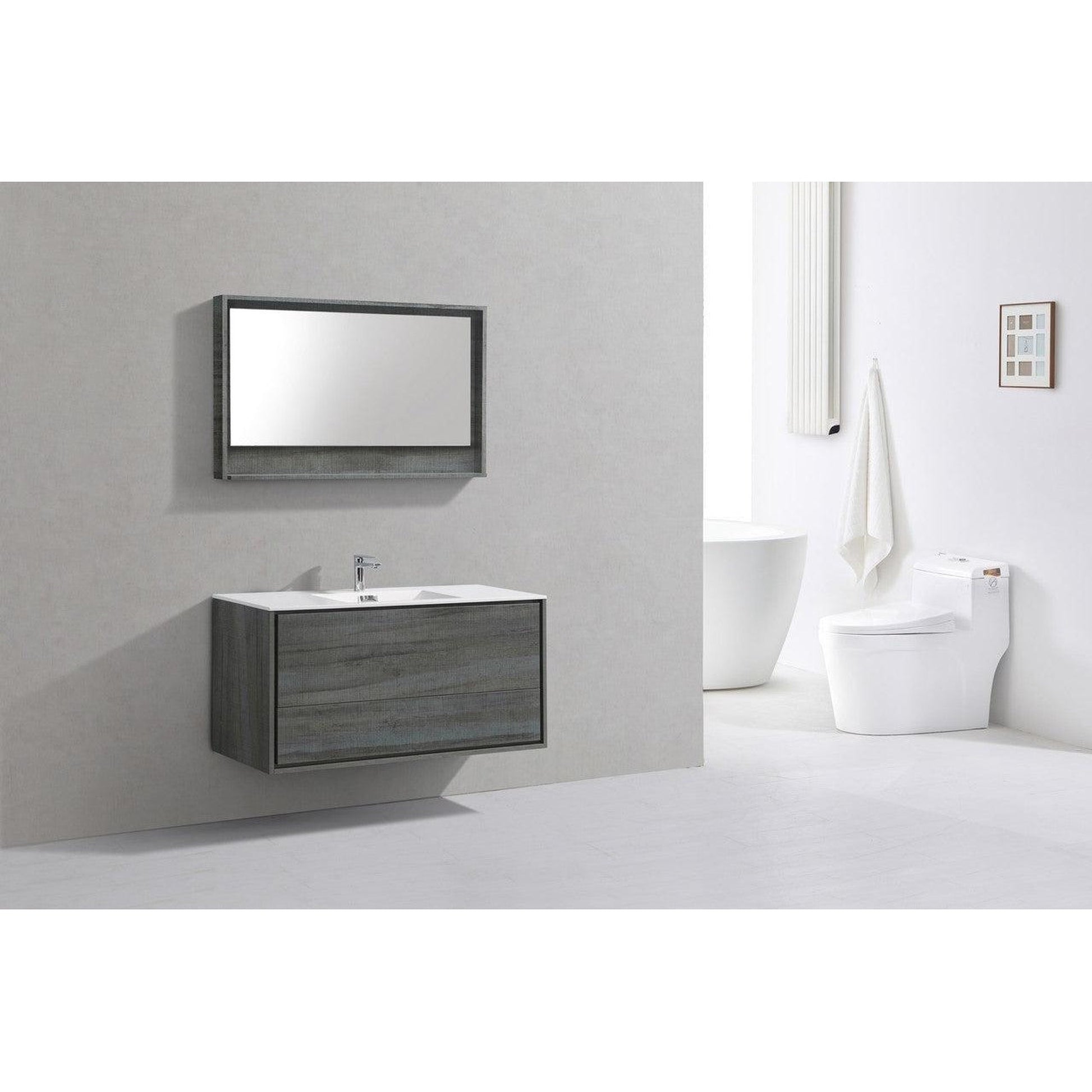 KubeBath DeLusso 48" Ocean Gray Wall-Mounted Modern Bathroom Vanity With Single Integrated Acrylic Sink With Overflow and 48" White Framed Mirror With Shelf