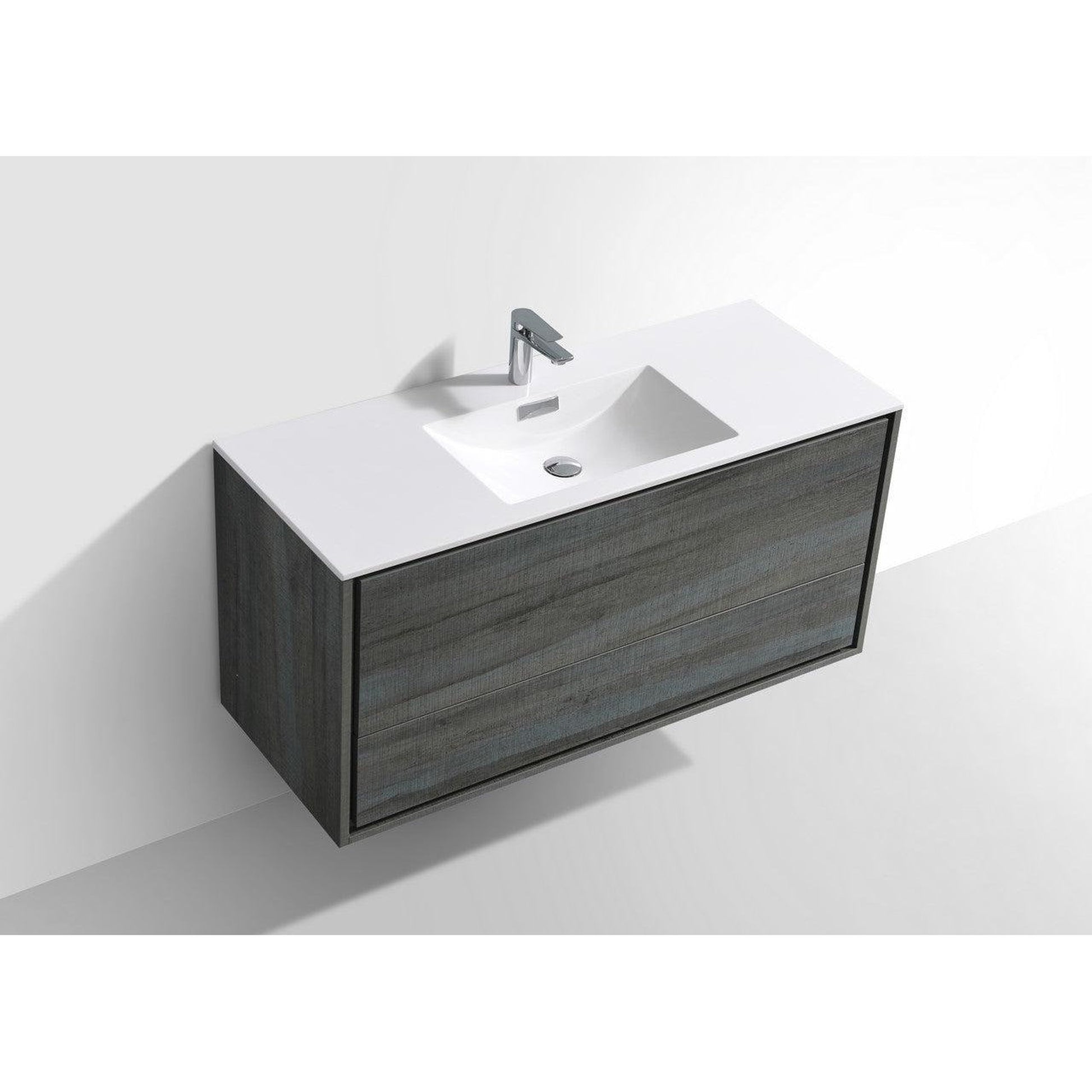 KubeBath DeLusso 48" Ocean Gray Wall-Mounted Modern Bathroom Vanity With Single Integrated Acrylic Sink With Overflow and 48" White Framed Mirror With Shelf
