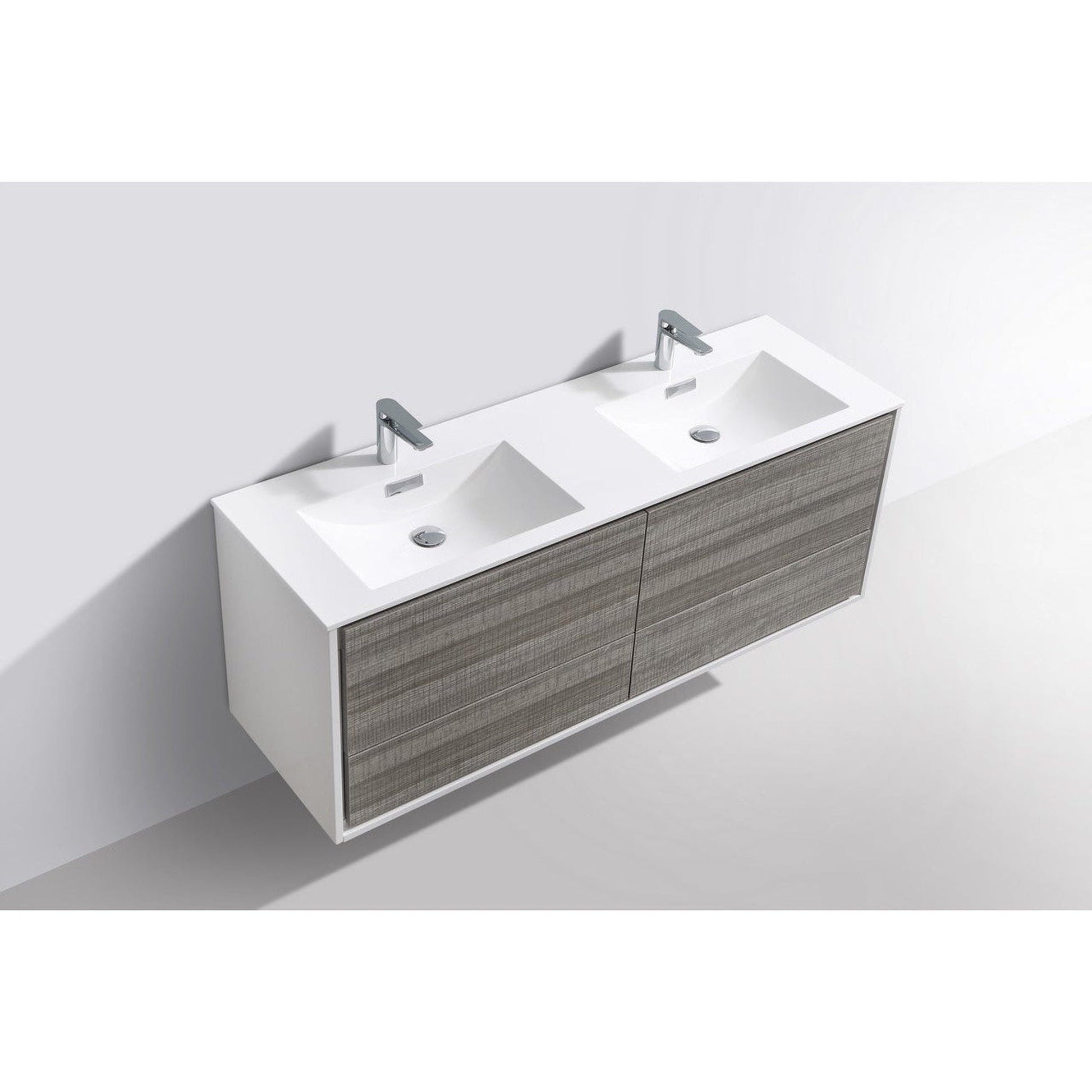 KubeBath DeLusso 60" Ash Gray Wall-Mounted Modern Bathroom Vanity With Double Integrated Acrylic Sink With Overflow