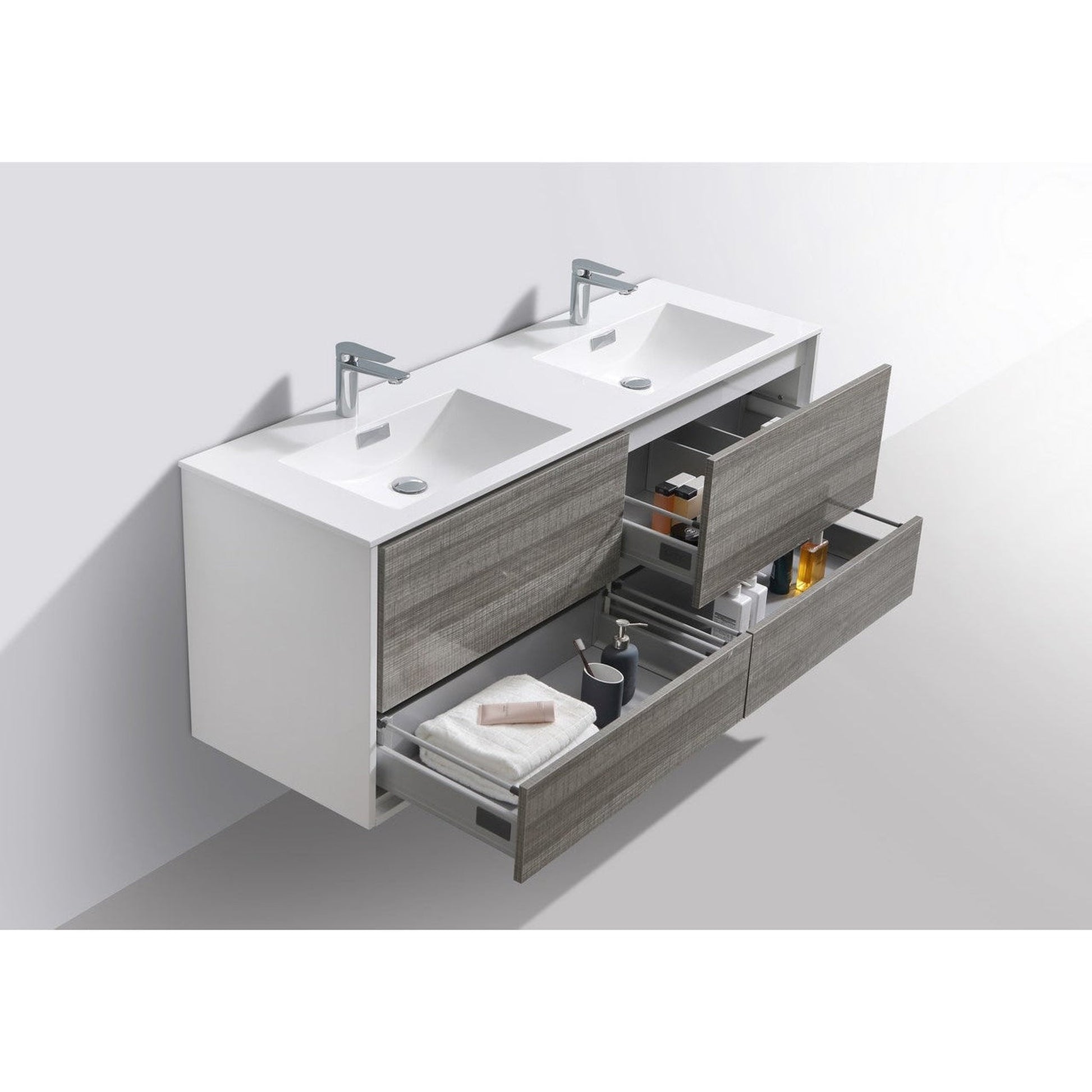 KubeBath DeLusso 60" Ash Gray Wall-Mounted Modern Bathroom Vanity With Double Integrated Acrylic Sink With Overflow and 60" White Framed Mirror With Shelf