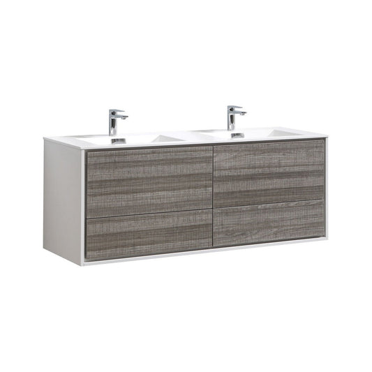 KubeBath DeLusso 60" Ash Gray Wall-Mounted Modern Bathroom Vanity With Double Integrated Acrylic Sink With Overflow and 60" White Framed Mirror With Shelf