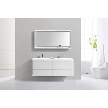 KubeBath DeLusso 60" High Gloss White Wall-Mounted Modern Bathroom Vanity With Double Integrated Acrylic Sink With Overflow