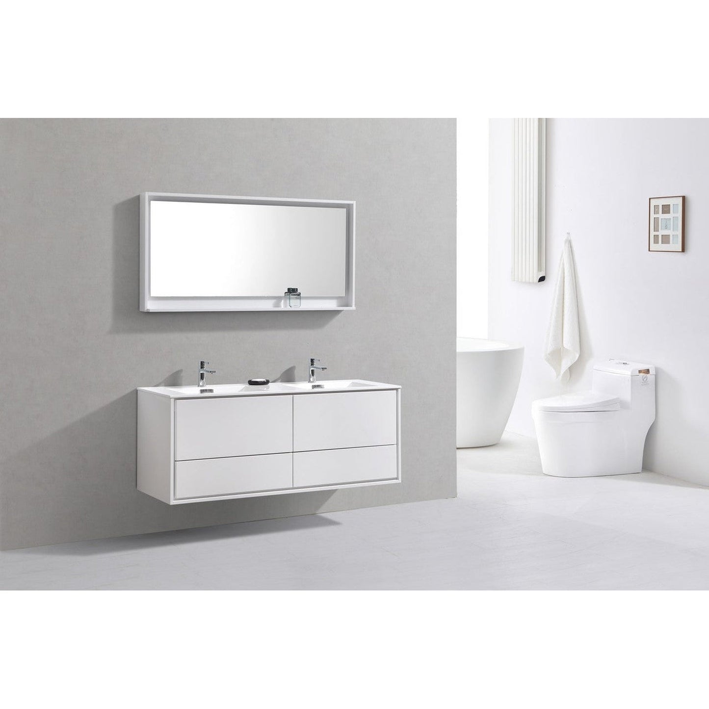 KubeBath DeLusso 60" High Gloss White Wall-Mounted Modern Bathroom Vanity With Double Integrated Acrylic Sink With Overflow and 60" White Framed Mirror With Shelf