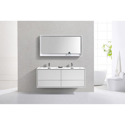 KubeBath DeLusso 60" High Gloss White Wall-Mounted Modern Bathroom Vanity With Double Integrated Acrylic Sink With Overflow and 60" White Framed Mirror With Shelf