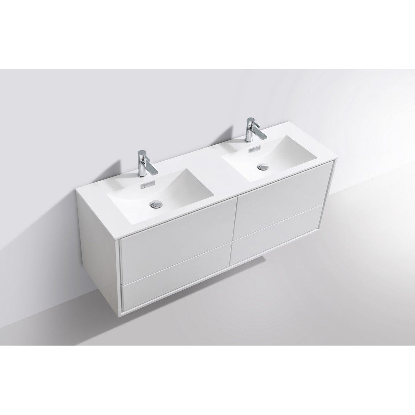 KubeBath DeLusso 60" High Gloss White Wall-Mounted Modern Bathroom Vanity With Double Integrated Acrylic Sink With Overflow and 60" White Framed Mirror With Shelf