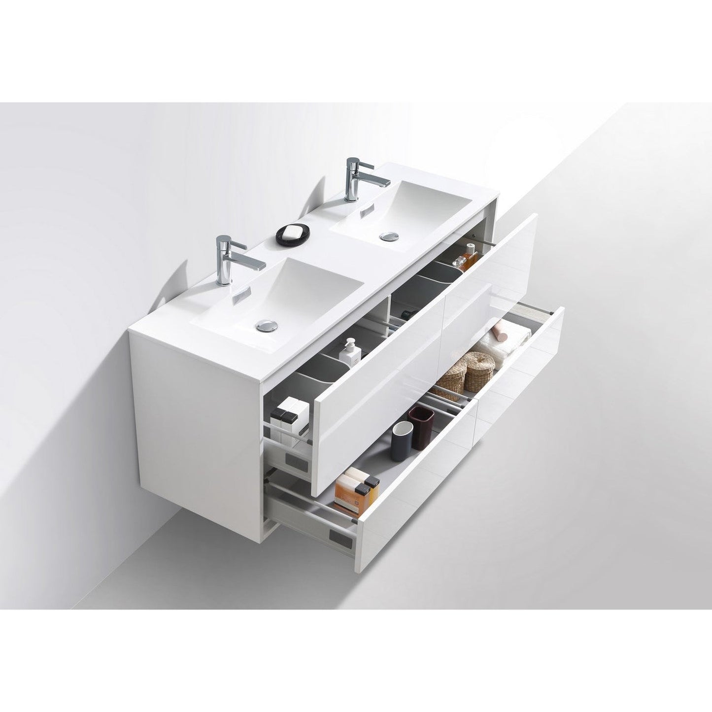 KubeBath DeLusso 60" High Gloss White Wall-Mounted Modern Bathroom Vanity With Double Integrated Acrylic Sink With Overflow and 60" White Framed Mirror With Shelf