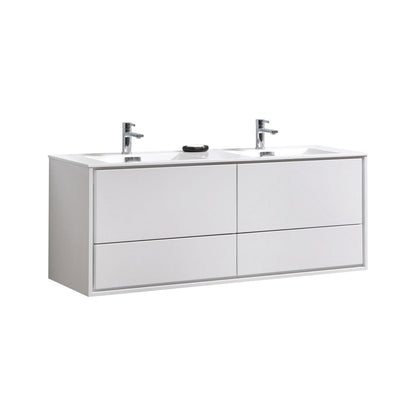 KubeBath DeLusso 60" High Gloss White Wall-Mounted Modern Bathroom Vanity With Double Integrated Acrylic Sink With Overflow and 60" White Framed Mirror With Shelf