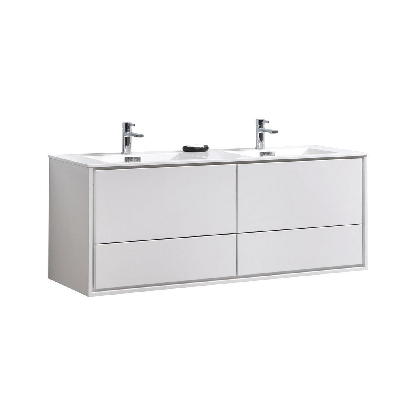 KubeBath DeLusso 60" High Gloss White Wall-Mounted Modern Bathroom Vanity With Double Integrated Acrylic Sink With Overflow