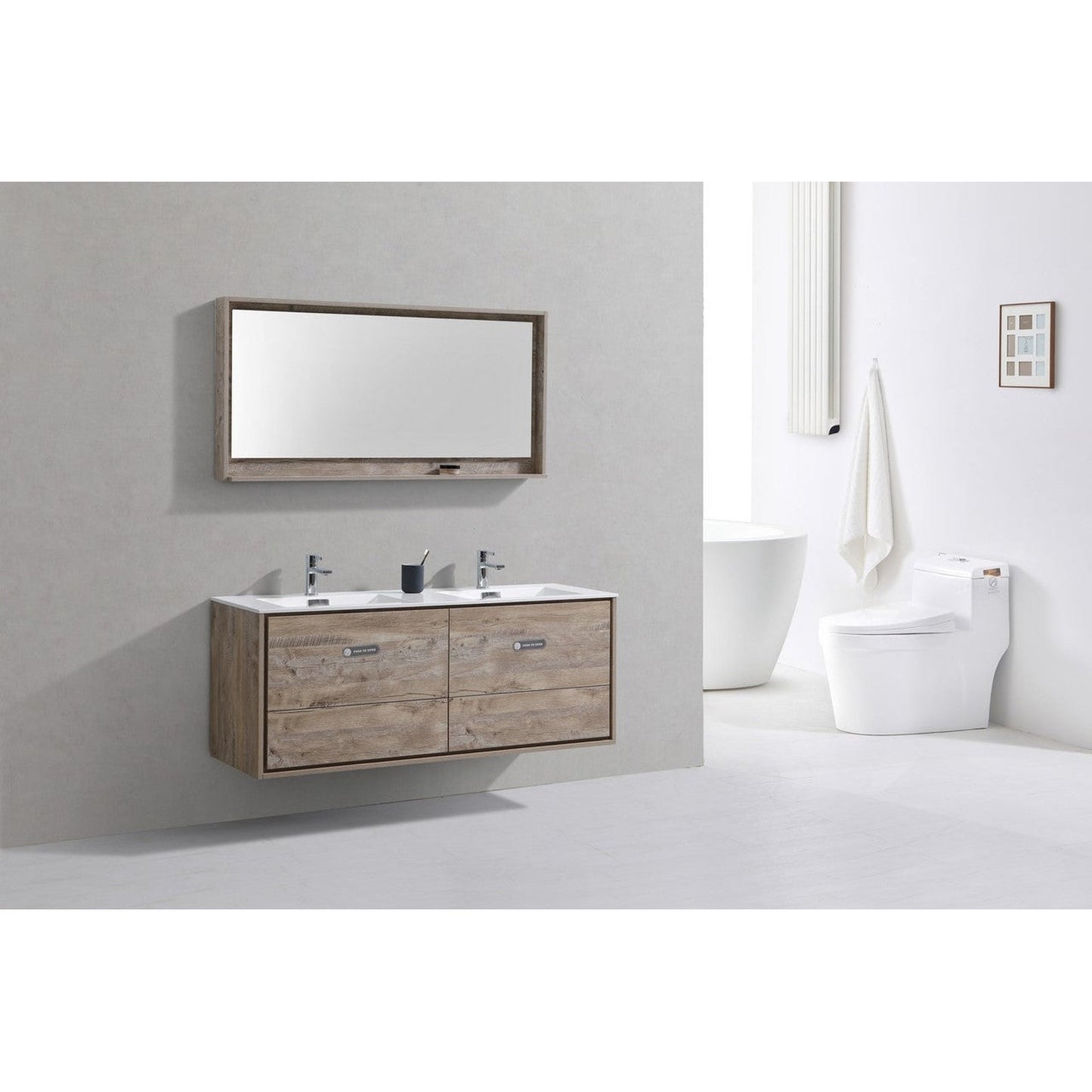 KubeBath DeLusso 60" Nature Wood Wall-Mounted Modern Bathroom Vanity With Double Integrated Acrylic Sink With Overflow