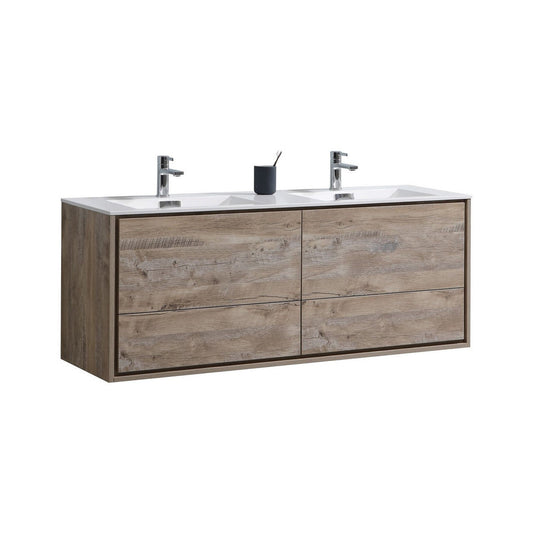 KubeBath DeLusso 60" Nature Wood Wall-Mounted Modern Bathroom Vanity With Double Integrated Acrylic Sink With Overflow and 60" Wood Framed Mirror With Shelf