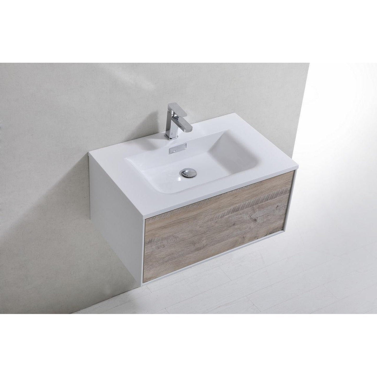 KubeBath Divario 30" Nature Wood Wall-Mount Modern Bathroom Vanity With Push-Open Drawer & Reinforced Acrylic Sink With Overflow