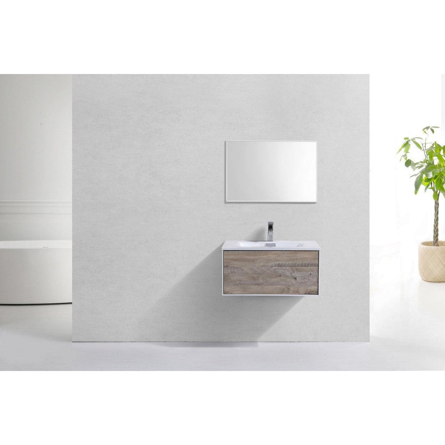 KubeBath Divario 30" Nature Wood Wall-Mount Modern Bathroom Vanity With Push-Open Drawer & Reinforced Acrylic Sink With Overflow