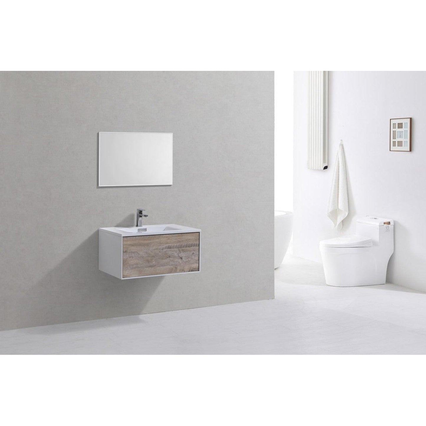 KubeBath Divario 30" Nature Wood Wall-Mount Modern Bathroom Vanity With Push-Open Drawer & Reinforced Acrylic Sink With Overflow and 30" Wood Framed Mirror With Shelf