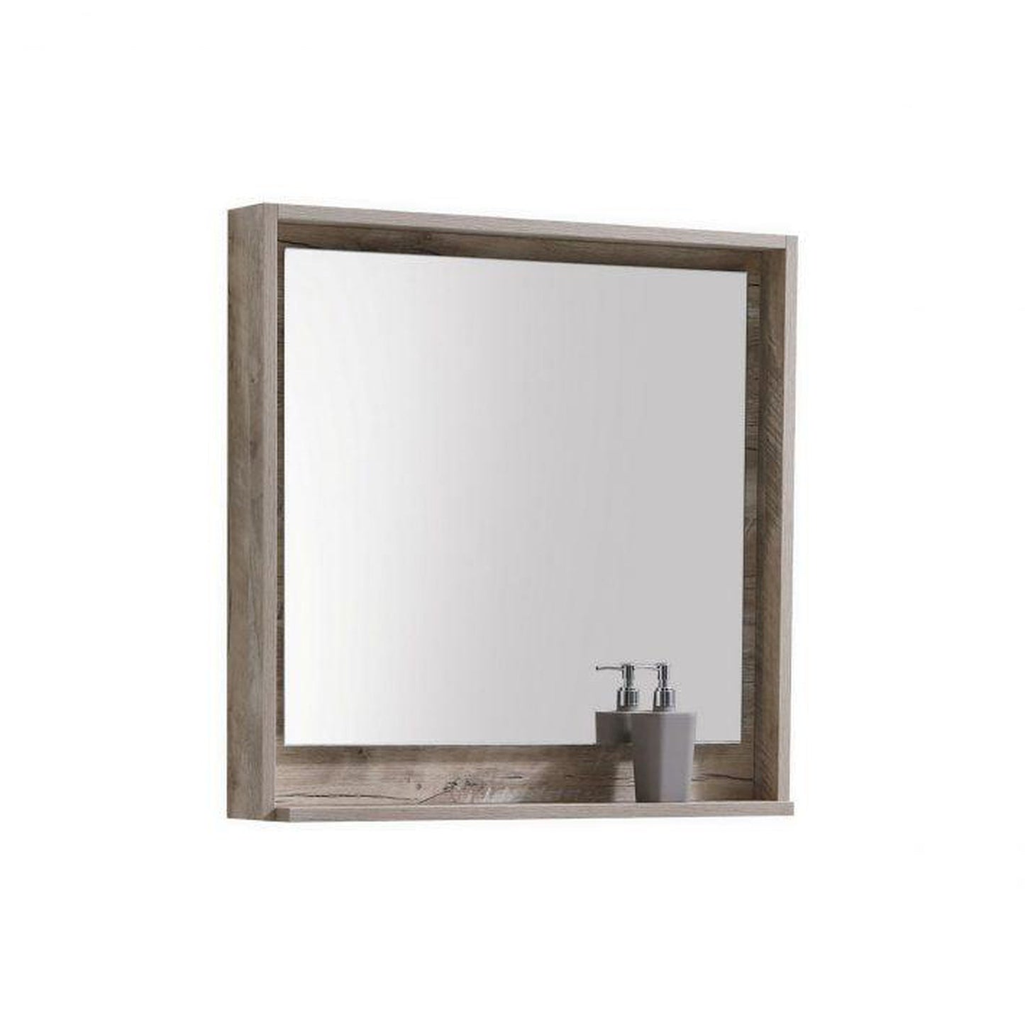 KubeBath Divario 30" Nature Wood Wall-Mount Modern Bathroom Vanity With Push-Open Drawer & Reinforced Acrylic Sink With Overflow and 30" Wood Framed Mirror With Shelf