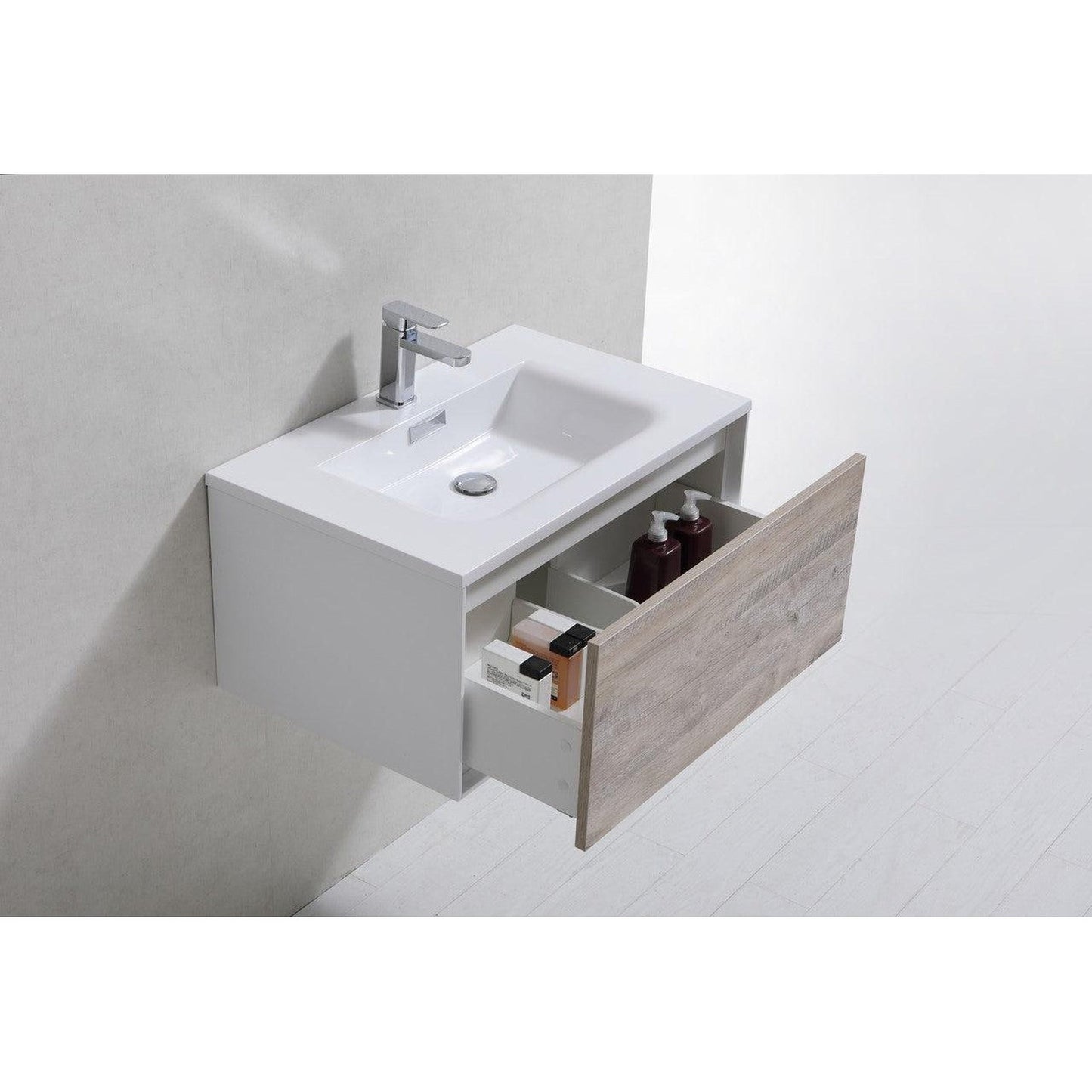 KubeBath Divario 30" Nature Wood Wall-Mount Modern Bathroom Vanity With Push-Open Drawer & Reinforced Acrylic Sink With Overflow and 30" Wood Framed Mirror With Shelf