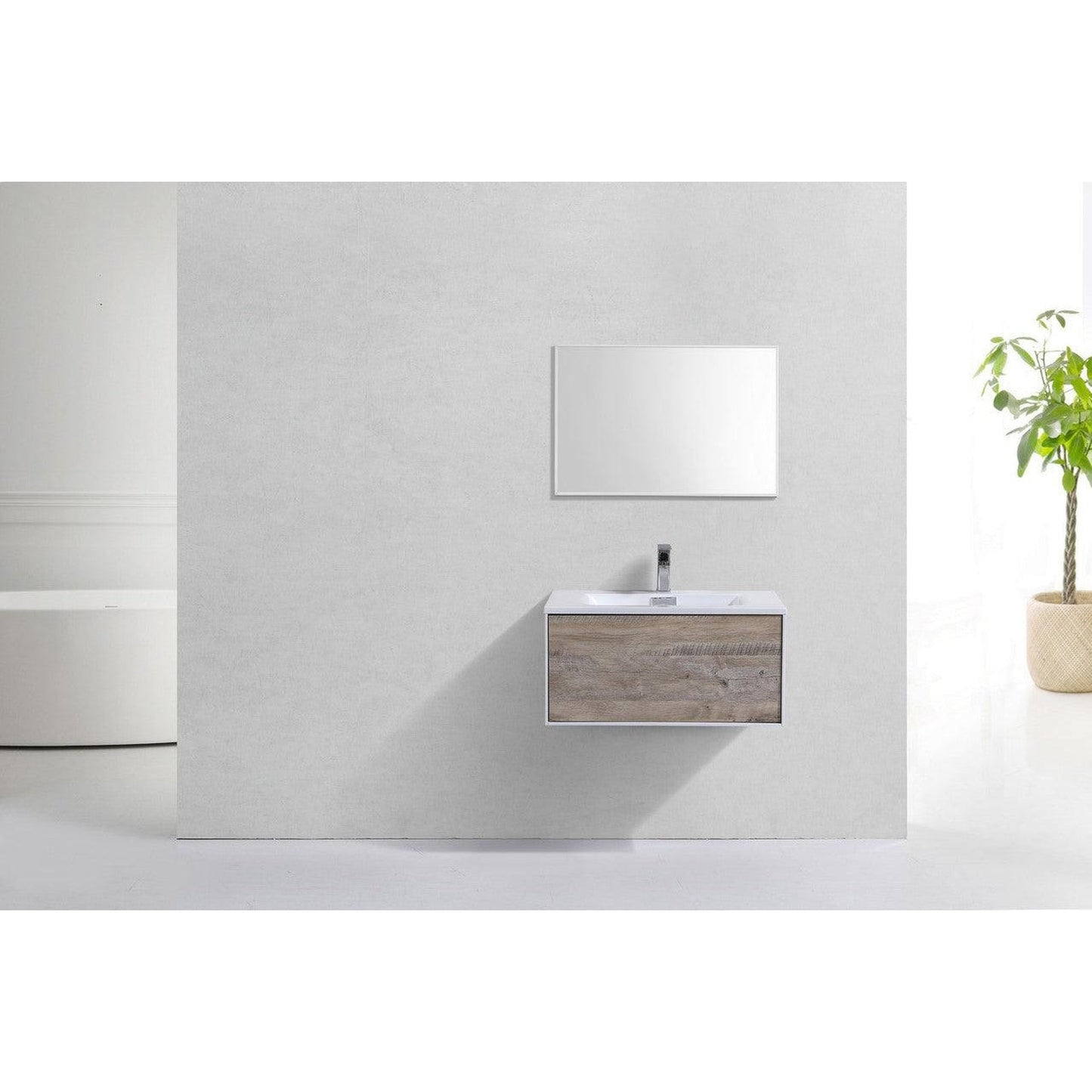 KubeBath Divario 30" Nature Wood Wall-Mount Modern Bathroom Vanity With Push-Open Drawer & Reinforced Acrylic Sink With Overflow and 30" Wood Framed Mirror With Shelf