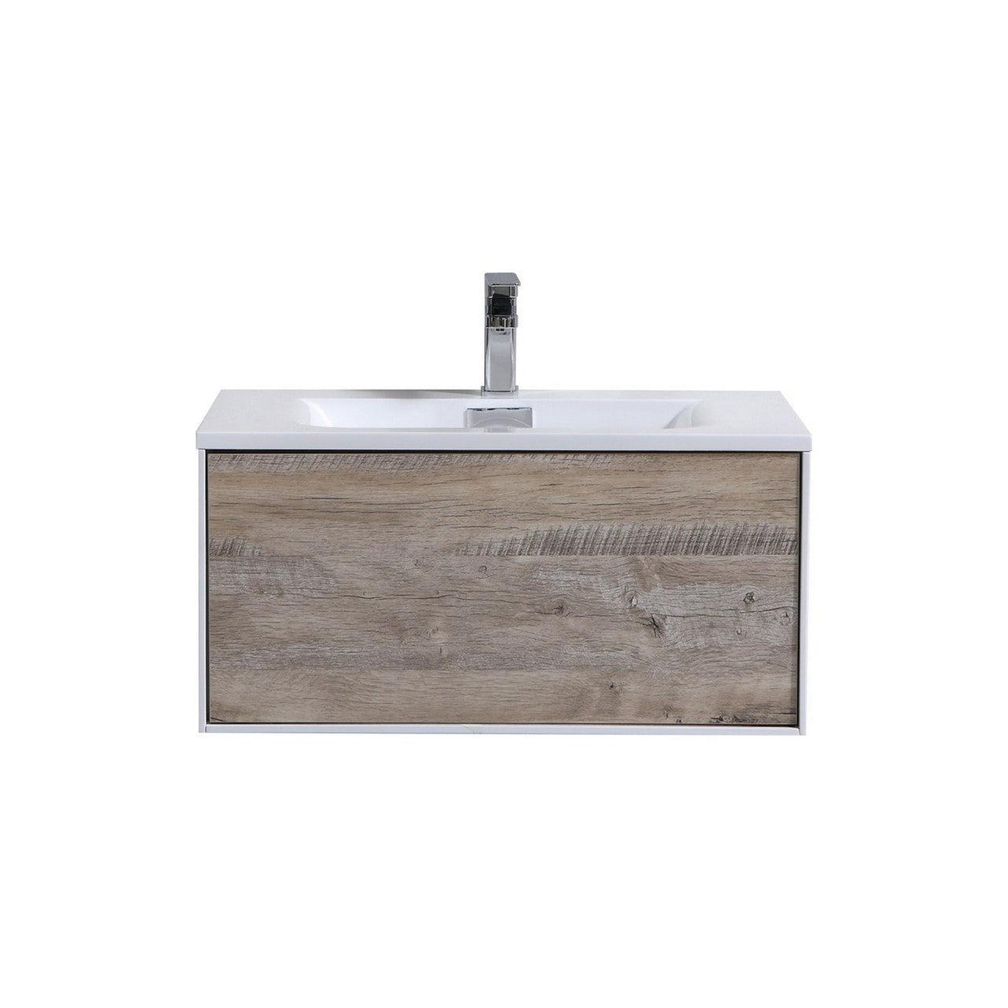 KubeBath Divario 30" Nature Wood Wall-Mount Modern Bathroom Vanity With Push-Open Drawer & Reinforced Acrylic Sink With Overflow