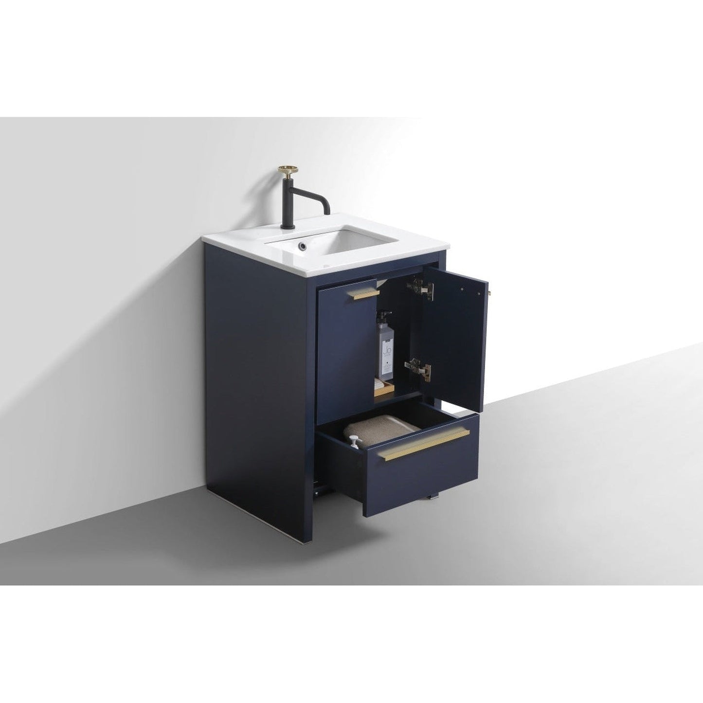 KubeBath Dolce 24" Blue Freestanding Modern Bathroom Vanity With Quartz Vanity Top & Ceramic Sink With Overflow