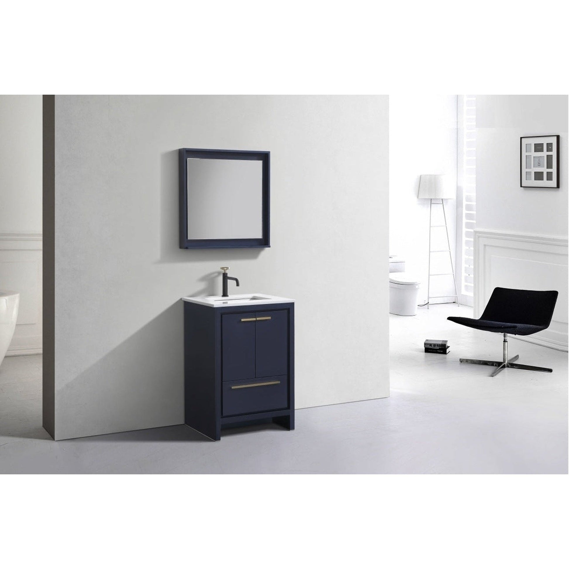 KubeBath Dolce 24" Blue Freestanding Modern Bathroom Vanity With Quartz Vanity Top & Ceramic Sink With Overflow and 24" White Framed Mirror With Shelf