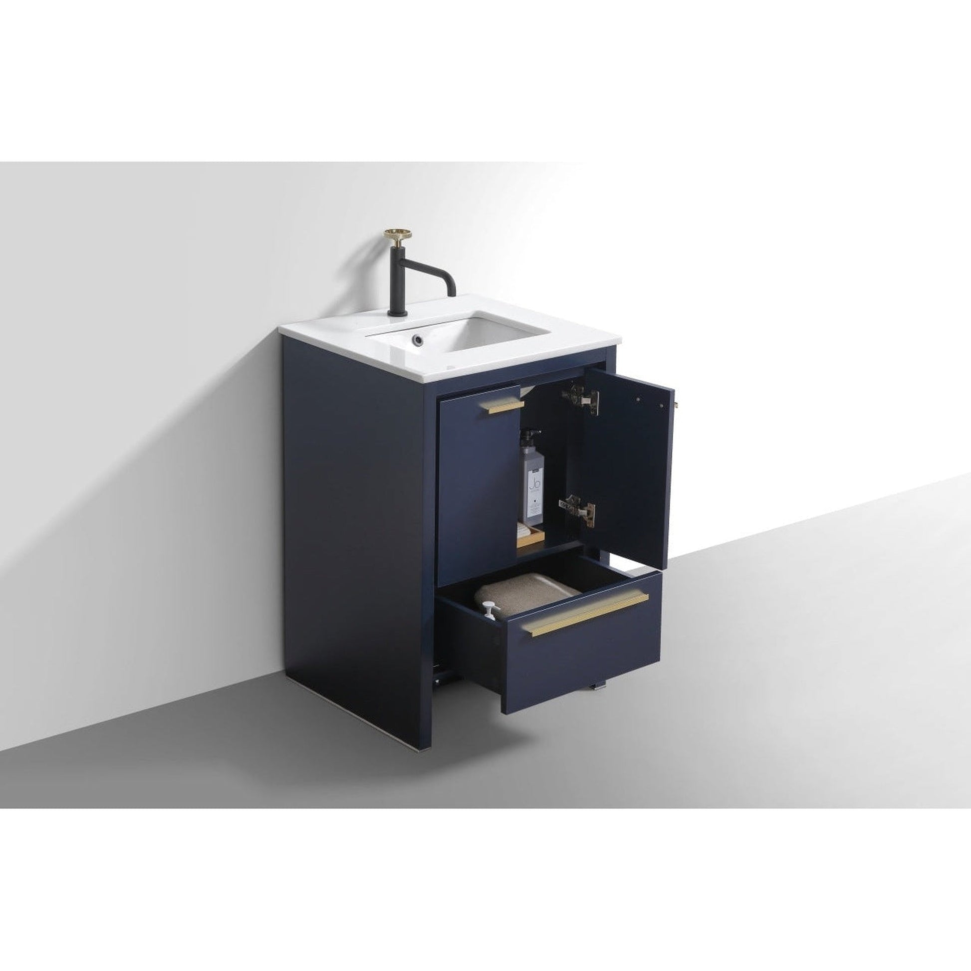 KubeBath Dolce 24" Blue Freestanding Modern Bathroom Vanity With Quartz Vanity Top & Ceramic Sink With Overflow and 24" White Framed Mirror With Shelf