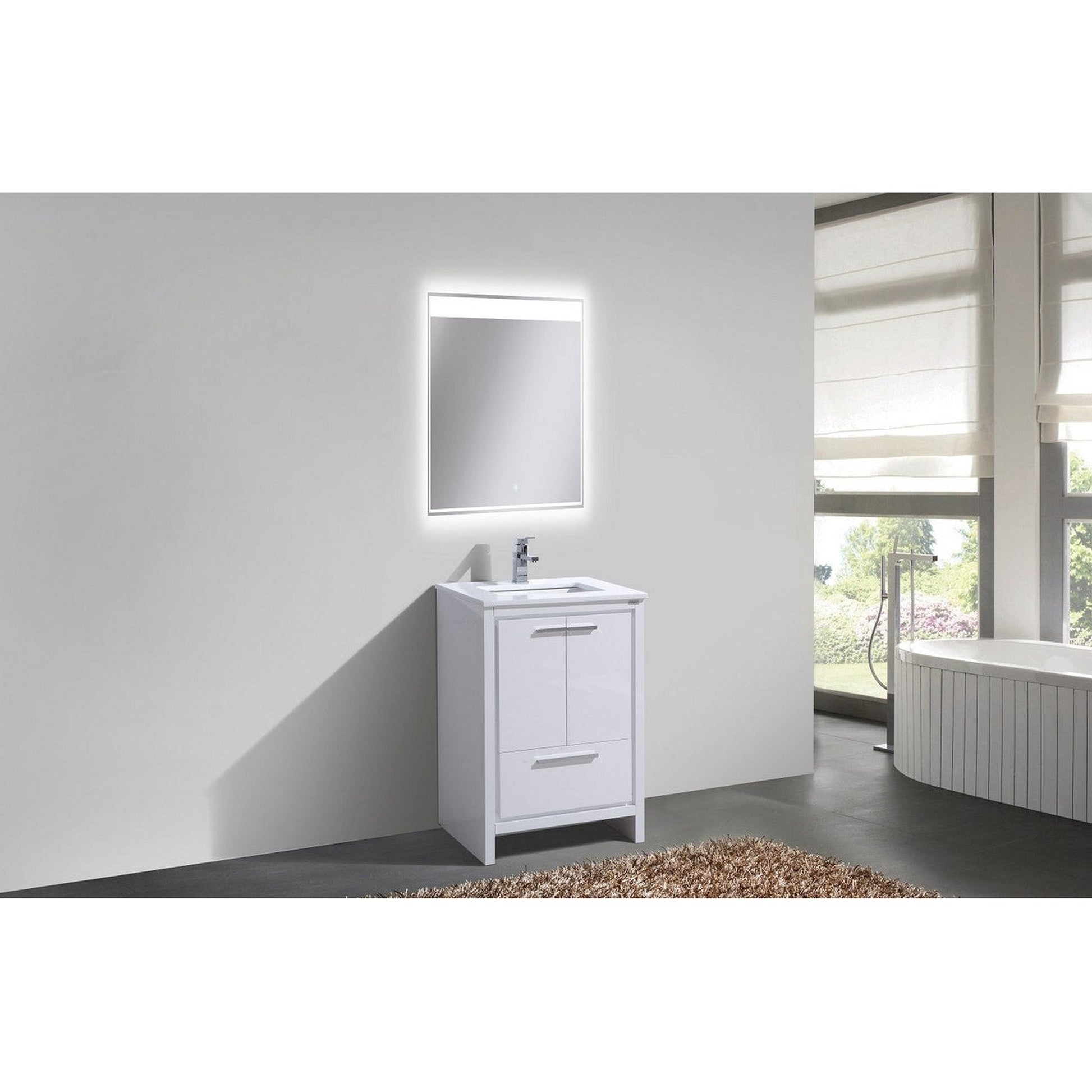 KubeBath Dolce 24" High Gloss White Freestanding Modern Bathroom Vanity With Quartz Vanity Top & Ceramic Sink With Overflow