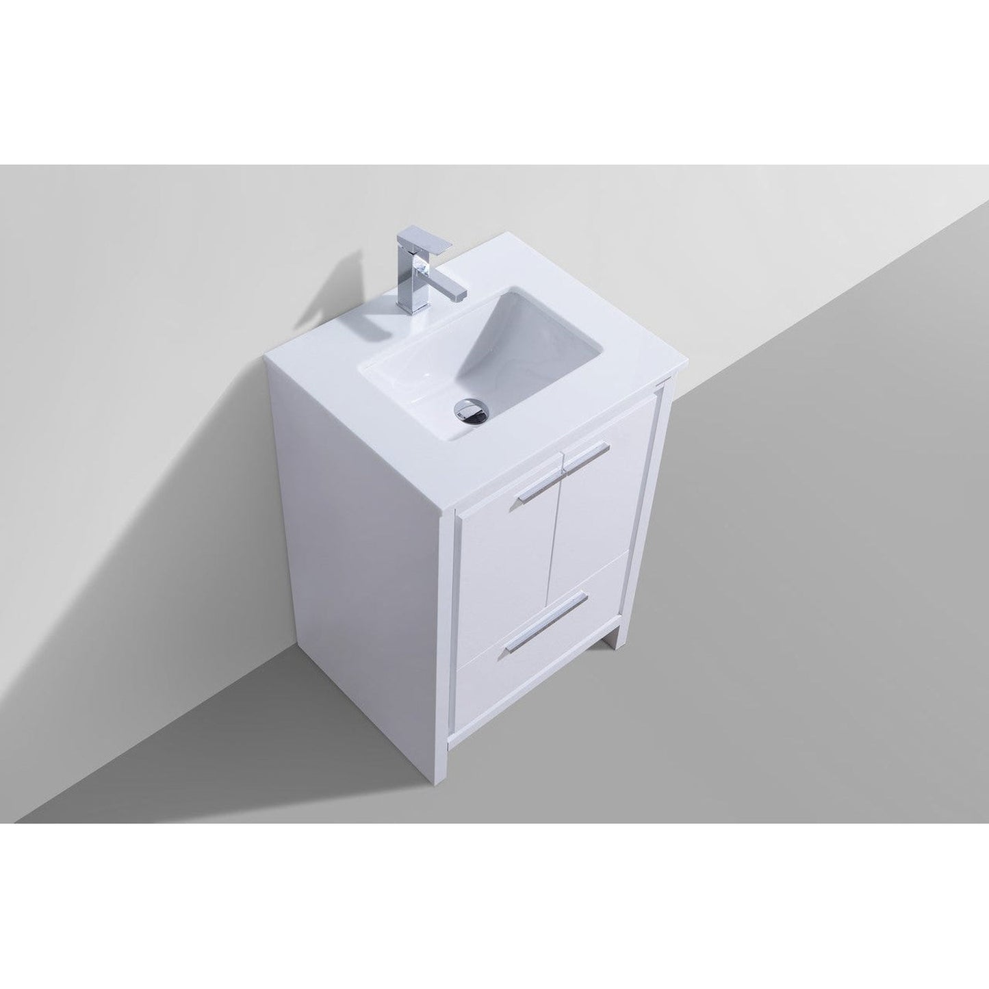 KubeBath Dolce 24" High Gloss White Freestanding Modern Bathroom Vanity With Quartz Vanity Top & Ceramic Sink With Overflow