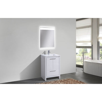 KubeBath Dolce 24" High Gloss White Freestanding Modern Bathroom Vanity With Quartz Vanity Top & Ceramic Sink With Overflow and 24" White Framed Mirror With Shelf