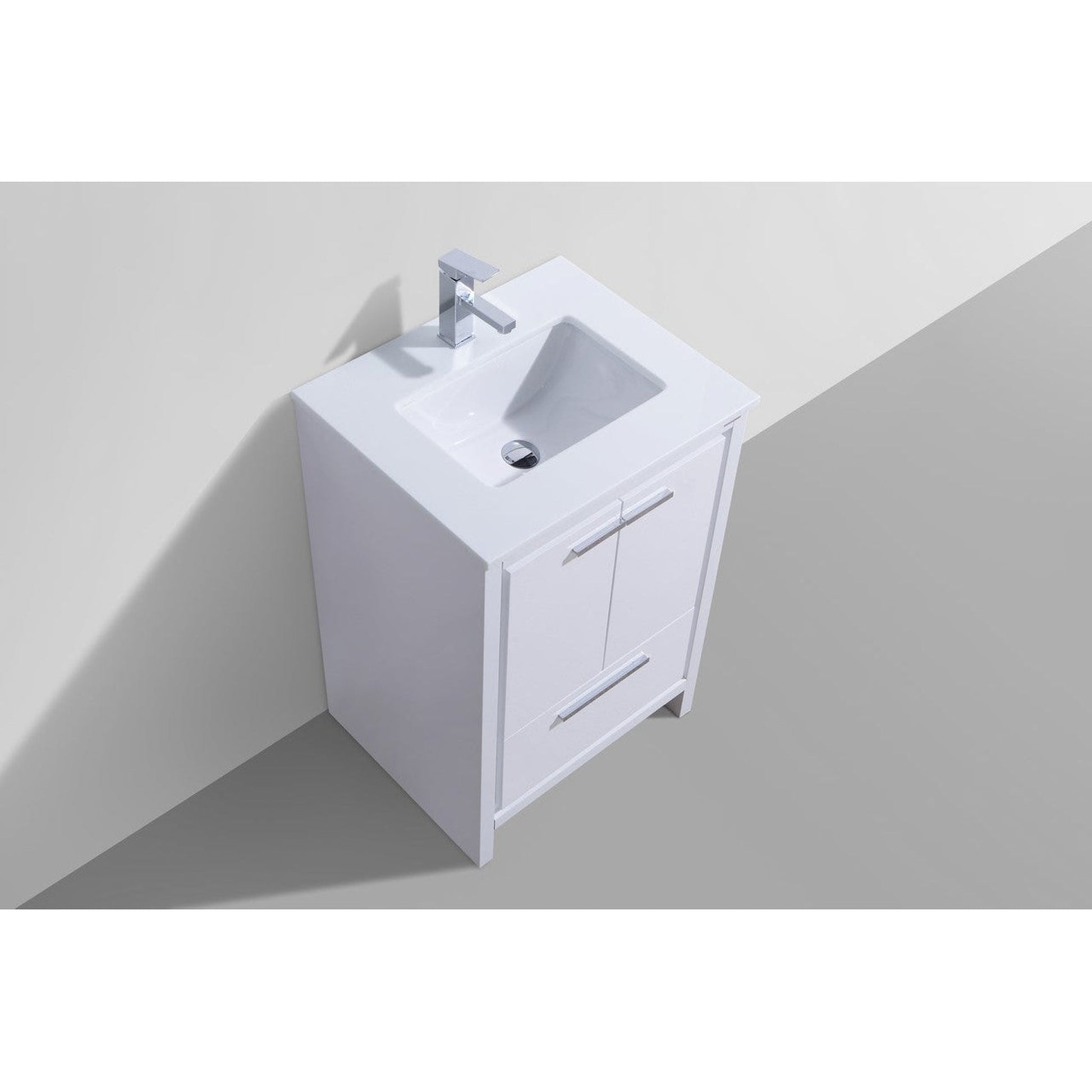 KubeBath Dolce 24" High Gloss White Freestanding Modern Bathroom Vanity With Quartz Vanity Top & Ceramic Sink With Overflow and 24" White Framed Mirror With Shelf