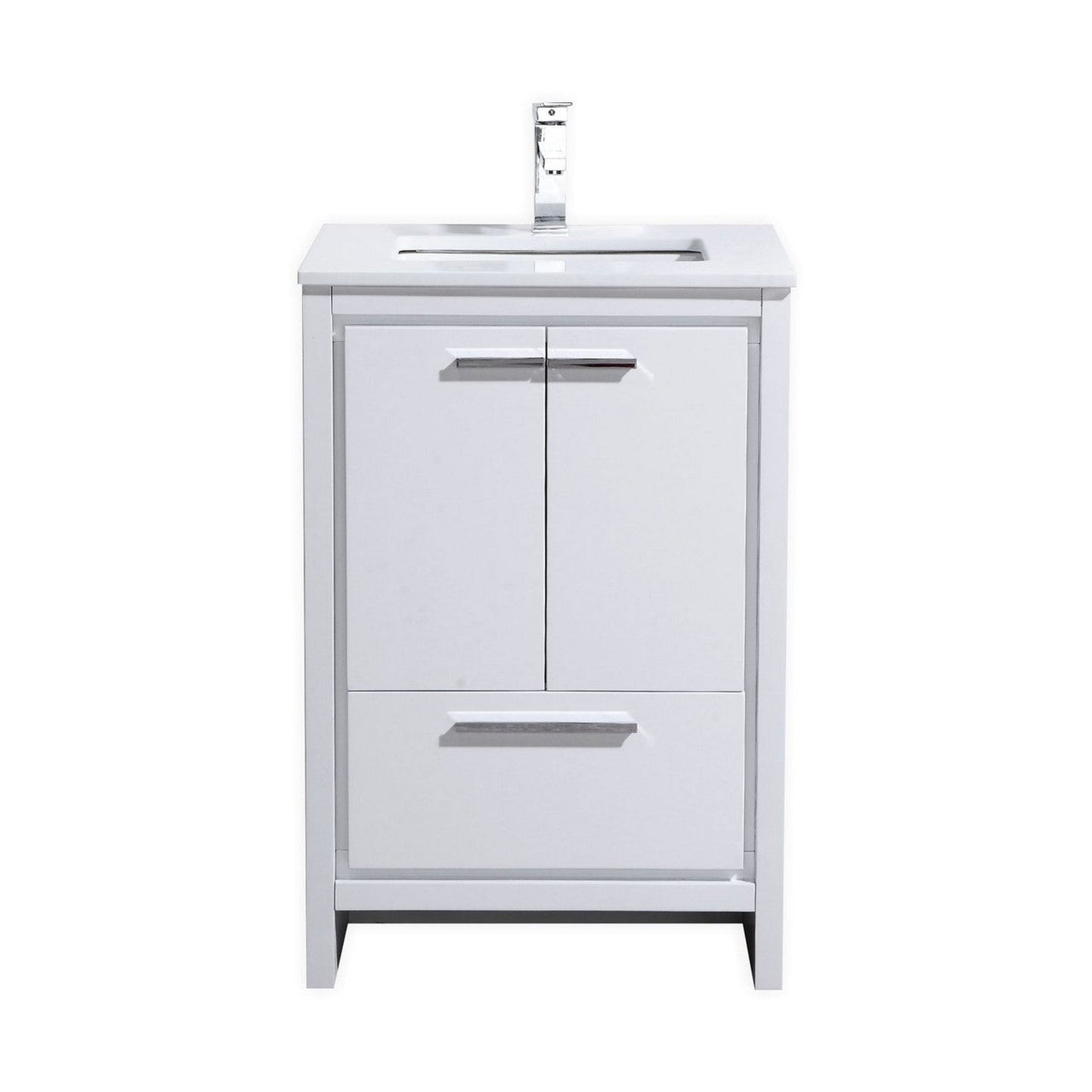 KubeBath Dolce 24" High Gloss White Freestanding Modern Bathroom Vanity With Quartz Vanity Top & Ceramic Sink With Overflow