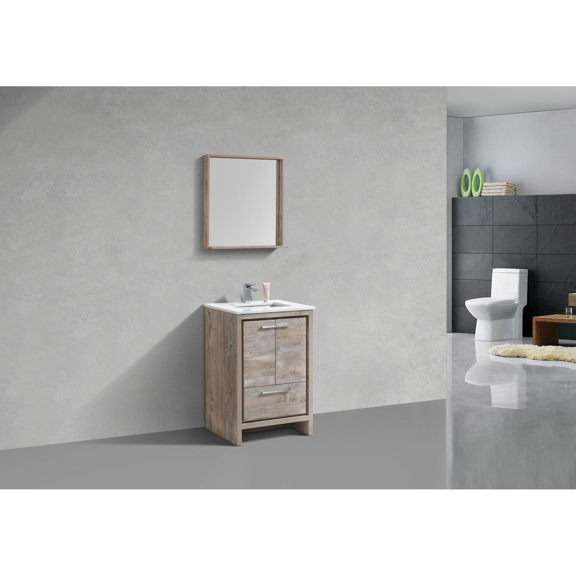 KubeBath Dolce 24" Nature Wood Freestanding Modern Bathroom Vanity With Quartz Vanity Top & Ceramic Sink With Overflow and 24" Nature Wood Framed Mirror With Shelf