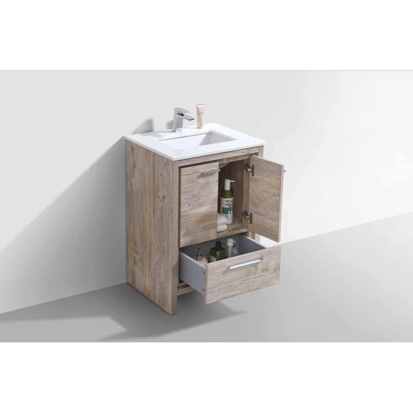 KubeBath Dolce 24" Nature Wood Freestanding Modern Bathroom Vanity With Quartz Vanity Top & Ceramic Sink With Overflow and 24" Nature Wood Framed Mirror With Shelf