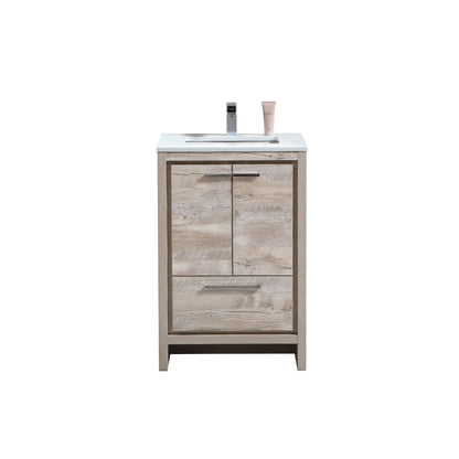 KubeBath Dolce 24" Nature Wood Freestanding Modern Bathroom Vanity With Quartz Vanity Top & Ceramic Sink With Overflow and 24" Nature Wood Framed Mirror With Shelf