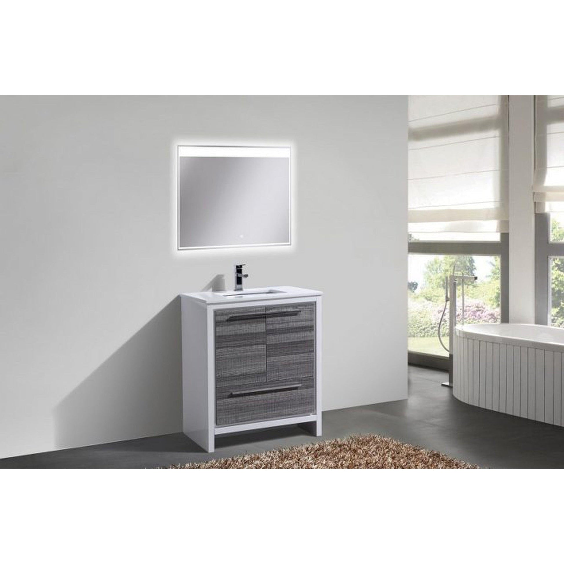 KubeBath Dolce 30" Ash Gray Freestanding Modern Bathroom Vanity With Quartz Vanity Top & Ceramic Sink With Overflow