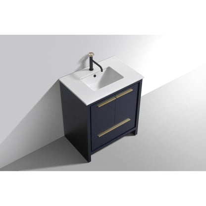 KubeBath Dolce 30" Blue Freestanding Modern Bathroom Vanity With Quartz Vanity Top & Ceramic Sink With Overflow