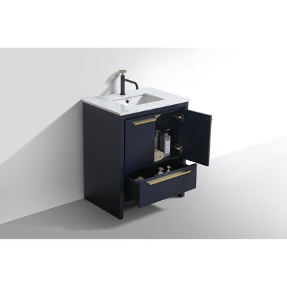 KubeBath Dolce 30" Blue Freestanding Modern Bathroom Vanity With Quartz Vanity Top & Ceramic Sink With Overflow