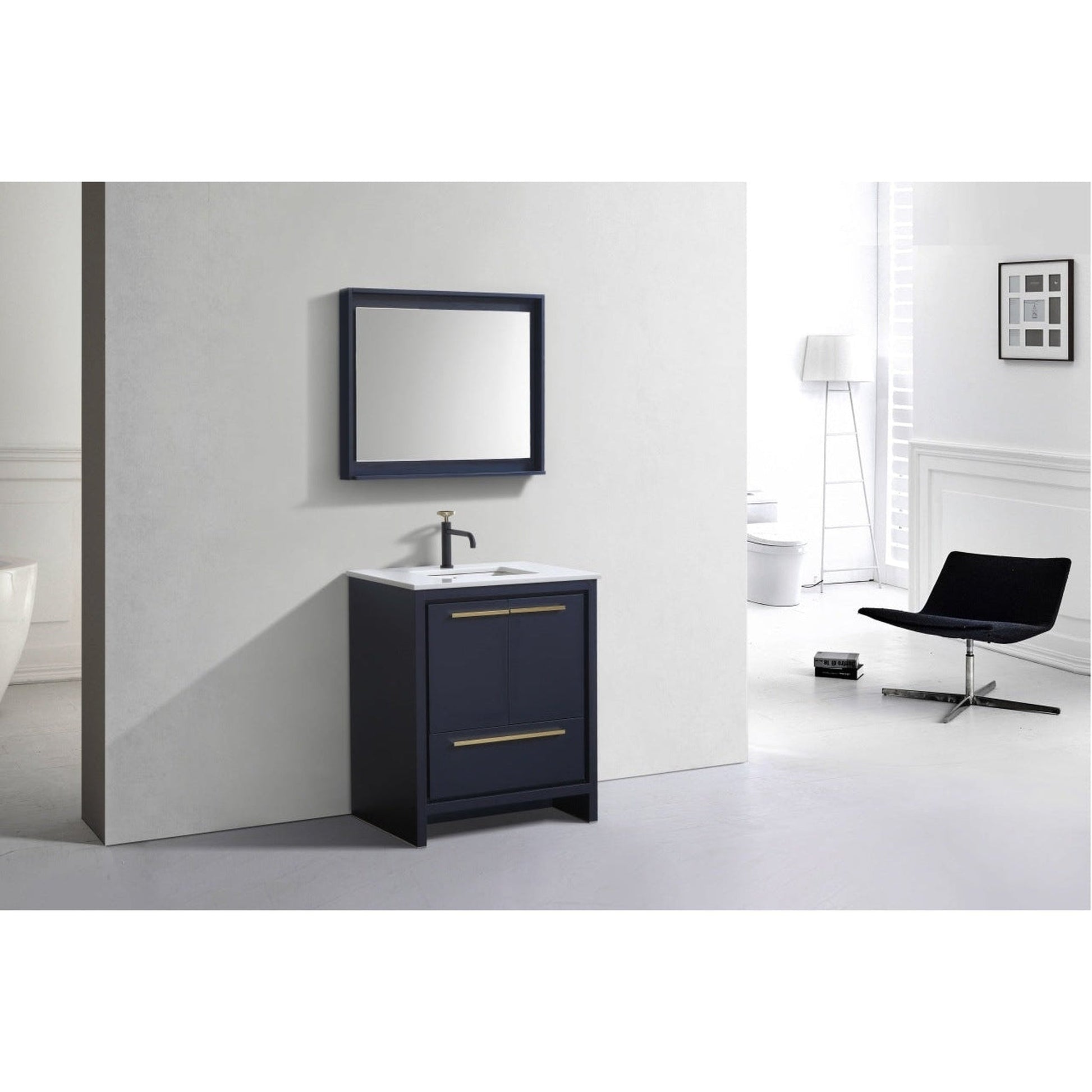 KubeBath Dolce 30" Blue Freestanding Modern Bathroom Vanity With Quartz Vanity Top & Ceramic Sink With Overflow and 30" White Framed Mirror With Shelf