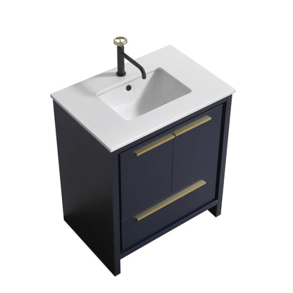 KubeBath Dolce 30" Blue Freestanding Modern Bathroom Vanity With Quartz Vanity Top & Ceramic Sink With Overflow