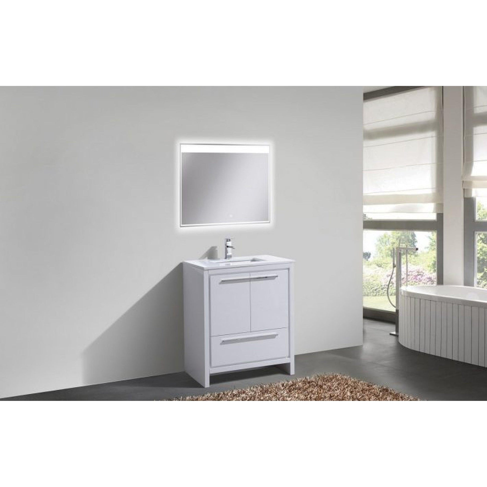 KubeBath Dolce 30" High Gloss White Freestanding Modern Bathroom Vanity With Quartz Vanity Top & Ceramic Sink With Overflow and 30" White Framed Mirror With Shelf