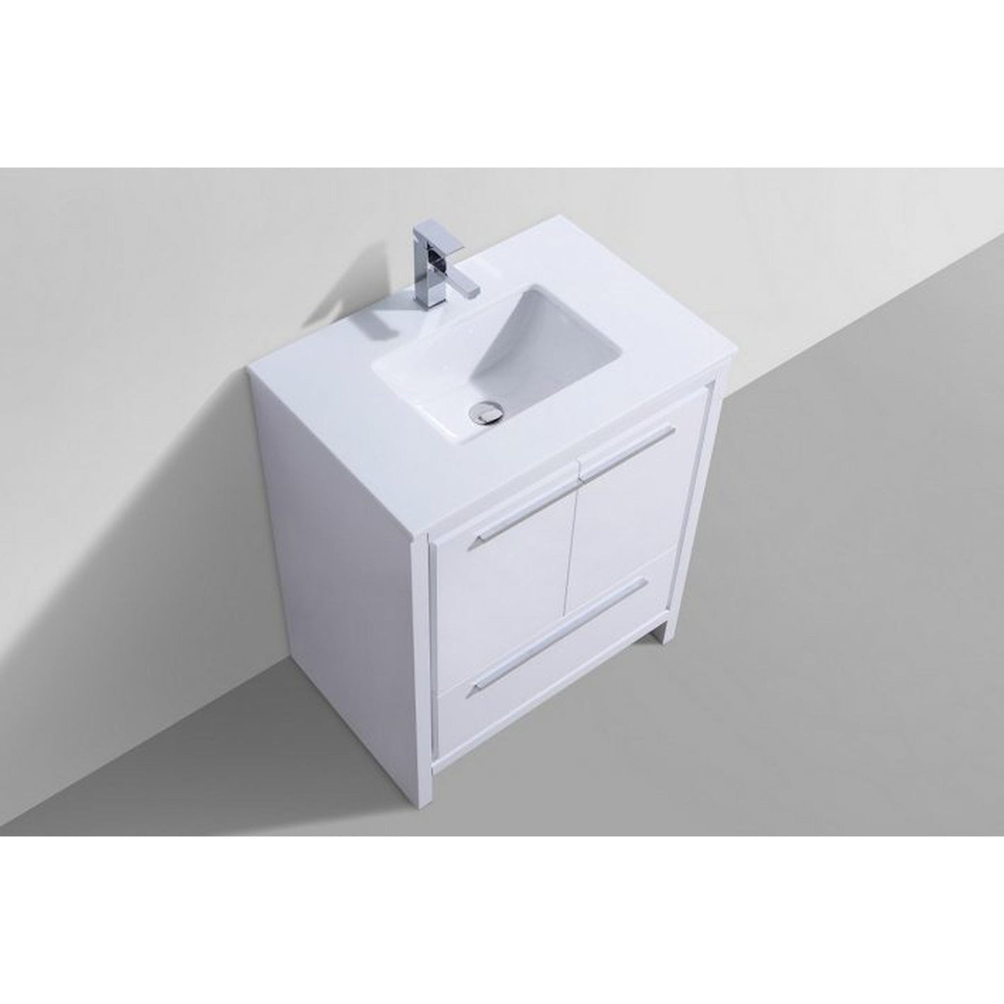 KubeBath Dolce 30" High Gloss White Freestanding Modern Bathroom Vanity With Quartz Vanity Top & Ceramic Sink With Overflow and 30" White Framed Mirror With Shelf