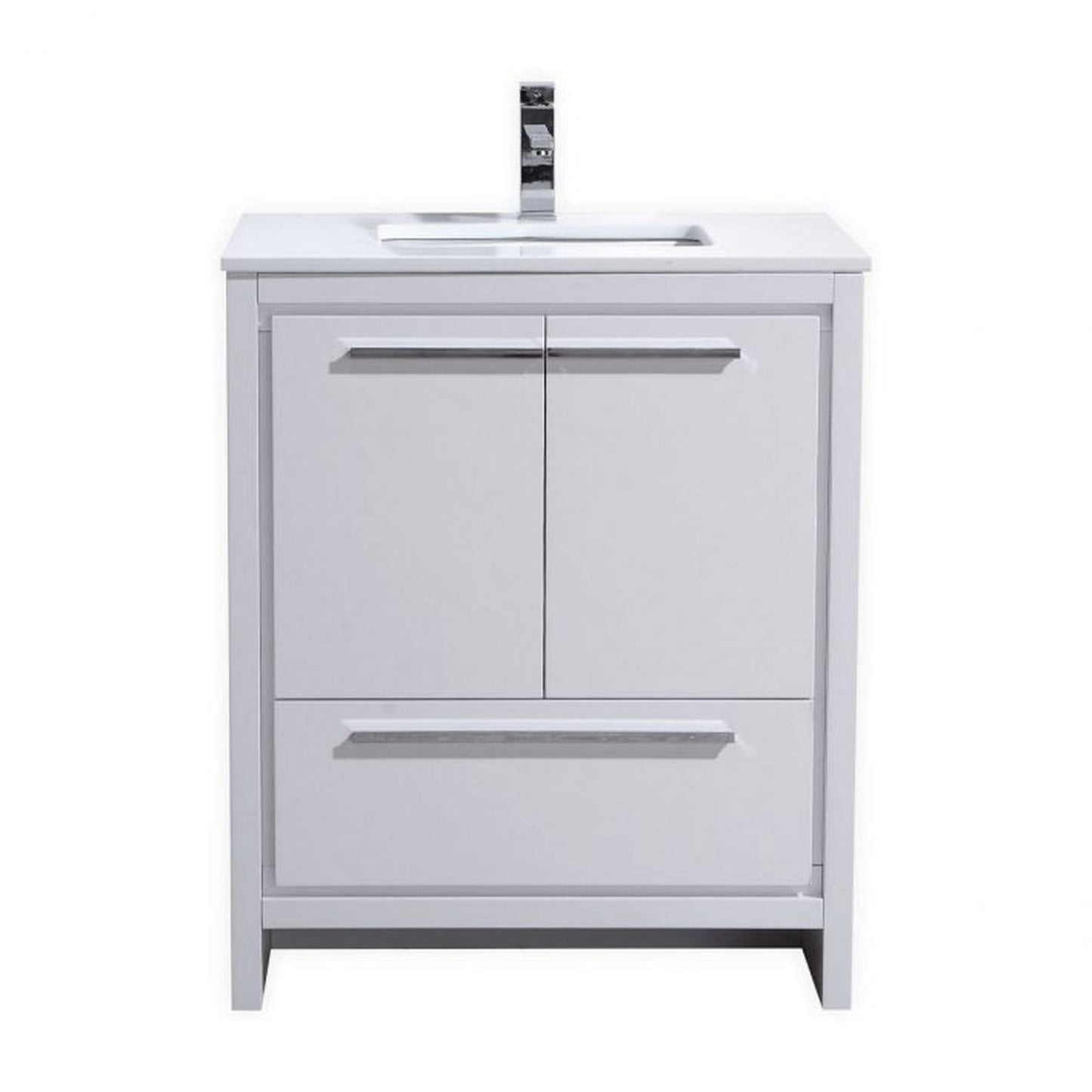 KubeBath Dolce 30" High Gloss White Freestanding Modern Bathroom Vanity With Quartz Vanity Top & Ceramic Sink With Overflow and 30" White Framed Mirror With Shelf